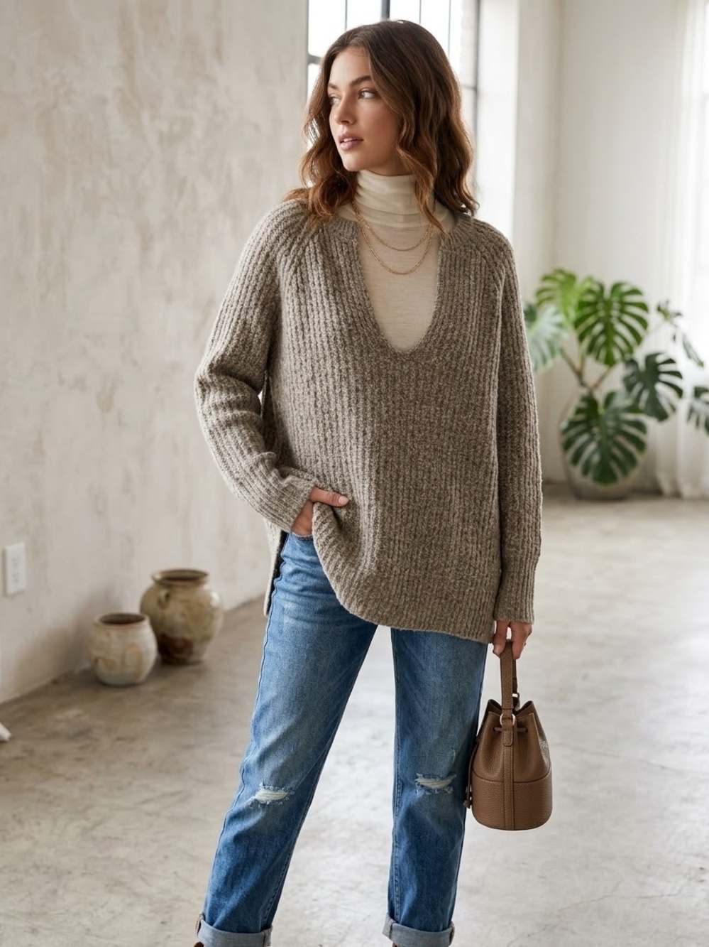 Line Oversized V-Neck Knit Alpaca Blend Sweater in Neutral Brown And Tan Fleck